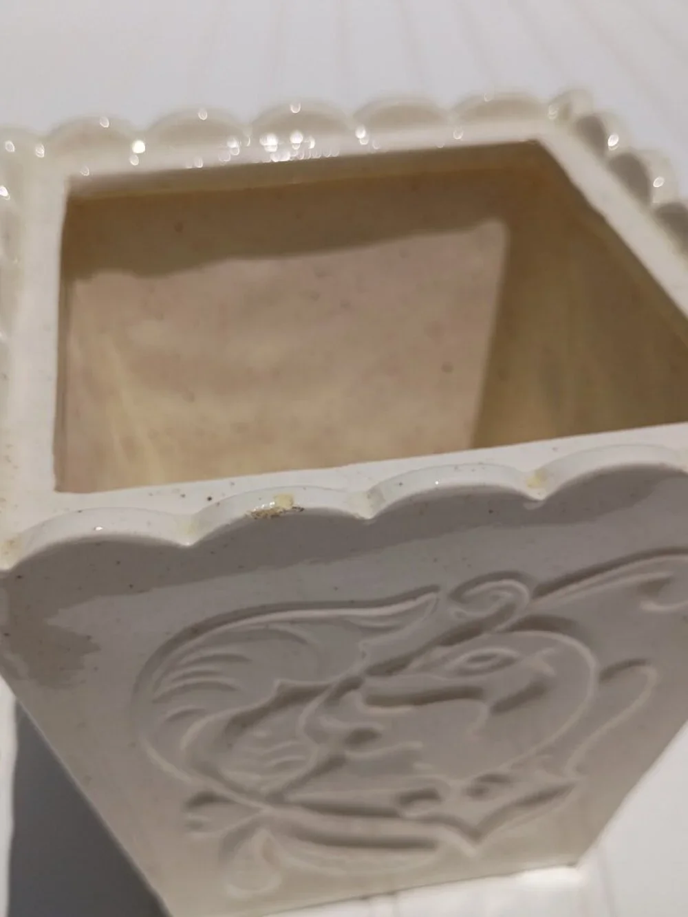 Vintage Ceramic Kitchen Canister with Lid Floral Embossed 4-Sided Beige Speckled